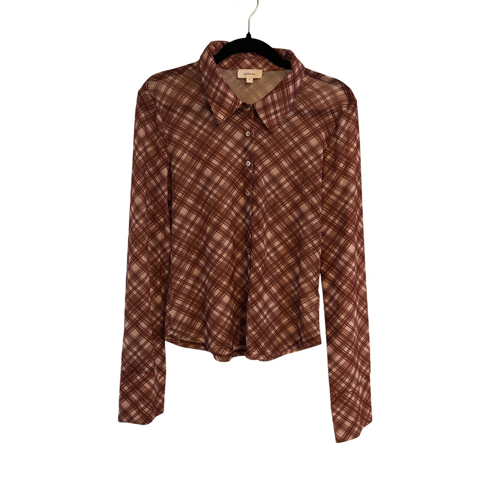 Böhme Womens Brown Plaid Mesh Long Sleeve Button Down Top XL